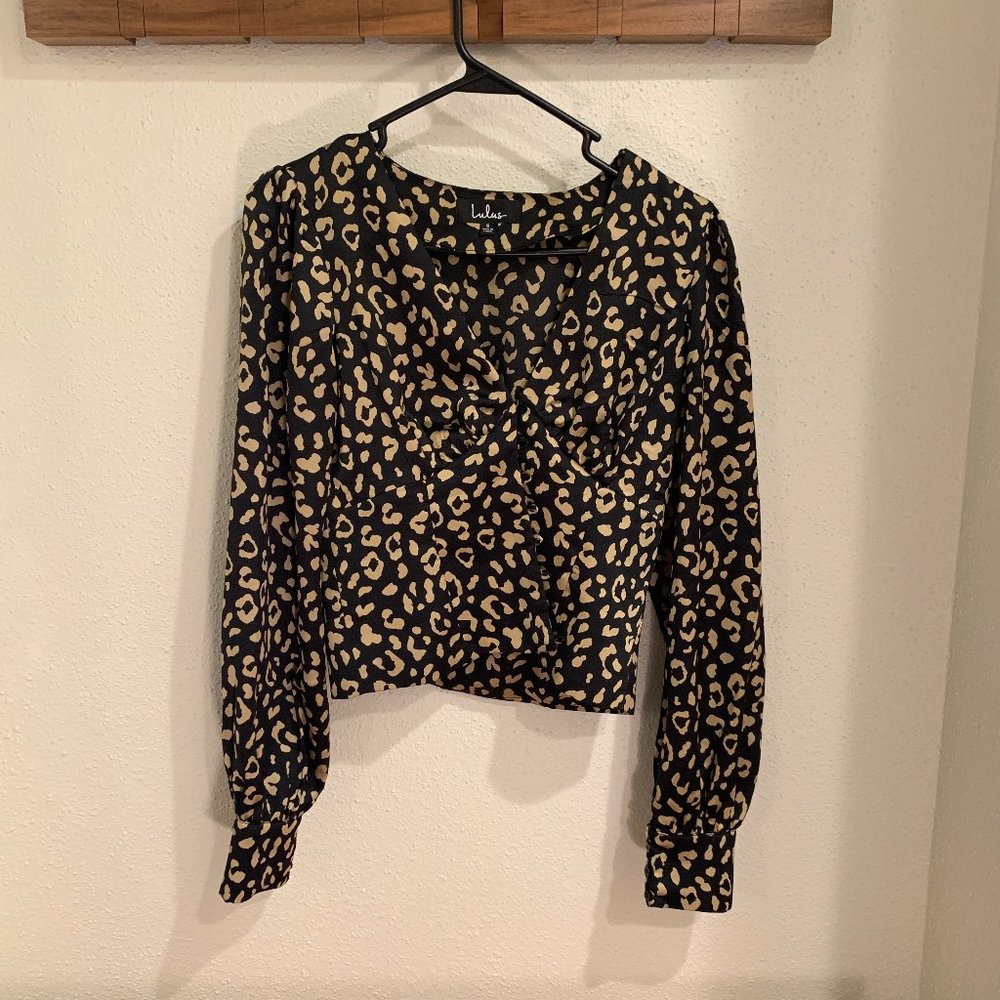 Cambera Black Leopard Print Satin Button-Crop Top